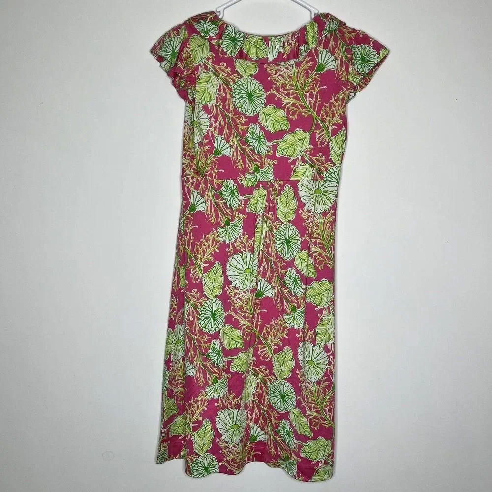 Lilly Pulitzer Clare Silk Blend Jersey Dress‎ Ruffle Pink Green Floral Size XS